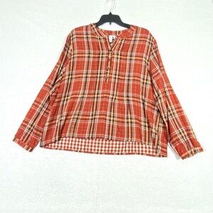 Grace + Karma Plaid Blouse Women L Rust Red Long Sleeve 1/2 Button Popover NWT